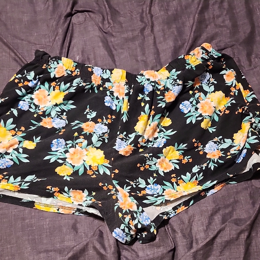 Floral Women's Shorts - Black with Yellow and Blue Accents